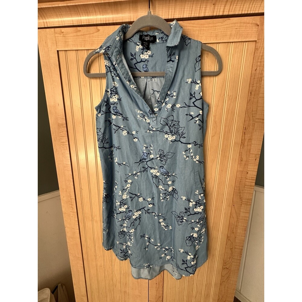 Papillon Blue Sleeveless Shirt Dress‎ Women's Size XS Cherry Blossom Print Tunic